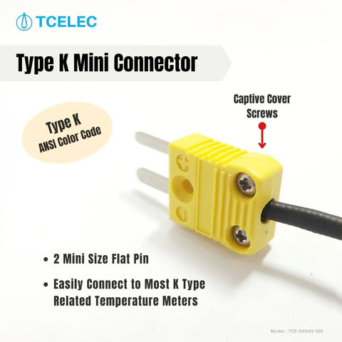 Type K mini connector with yellow casing, two flat pins, and captive cover screws for K type temperature meters.