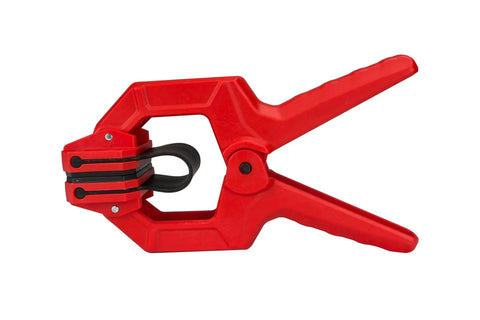 Premium 18 Pack Band Clamps For Edge Clamping Plywood Lamination Cabinet Shelving Steel Bands, red plastic clamp, side view.