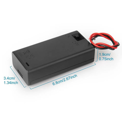 3 Pack Slick Dual AA Battery Case With Built In Toggle Switch And Hookup Wire Leads For Plug And Play Power Setup That Gets The Job Done Without Any Headaches Or Extra Wiring Hassles, black plastic holder with dimensions labeled.