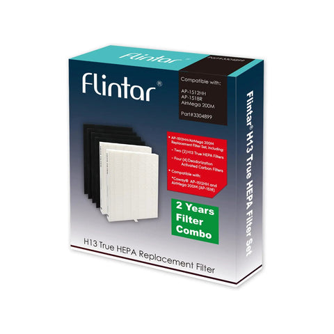 Box of Flintar H13 True HEPA Replacement Air Filter Set for Coway AP-1512HH Mighty and Airmega 200M with carbon filters.