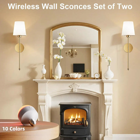 Premium Gold Wall Sconces Set Of 2 with a soft glow, complementing a stylish living room decor near a fireplace.