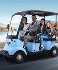 Four Passenger Electric Golf Cart Loaded With An 800W Brushless Motor And 60V Lithium Battery, blue cart with passengers on road.