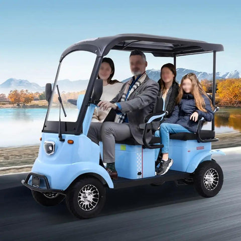 Four Passenger Electric Golf Cart Loaded With An 800W Brushless Motor And 60V Lithium Battery, blue cart with passengers on road.