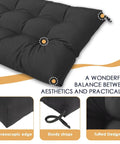 Water Repellent Outdoor Bench Cushion 44x19 with tufted style, showing close-up of tufted design, secure ties, and edges.