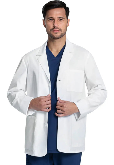 Men wearing Men's 30 Inch Lab Coat White Consultation Coat With Durable Mechanical Stretch Fabric Modern Fit Notched Lapels