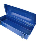 Heavy Duty All Steel Iron Toolbox Featuring A Bulletproof Self Locking Buckle And Smooth Retractable Telescopic Handle Built For Tough Job Sites And Garage Projects, blue open toolbox.