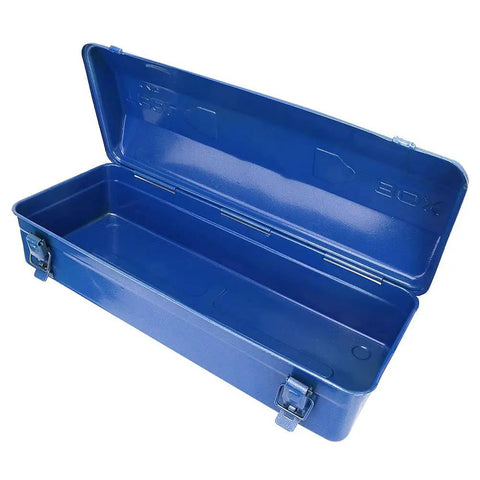 Heavy Duty All Steel Iron Toolbox Featuring A Bulletproof Self Locking Buckle And Smooth Retractable Telescopic Handle Built For Tough Job Sites And Garage Projects, blue open toolbox.