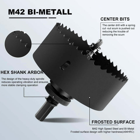 9.8-inch (250 mm) M42 bi-metal hole saw with heavy-duty arbor, black, for wood, plastic, drywall, metal.