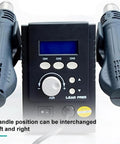 Front view of Pro Grade Hot Air Rework Station with LCD and three-channel CH1 CH2 CH3, dual handles, lead-free design.