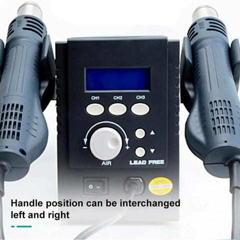 Front view of Pro Grade Hot Air Rework Station with LCD and three-channel CH1 CH2 CH3, dual handles, lead-free design.