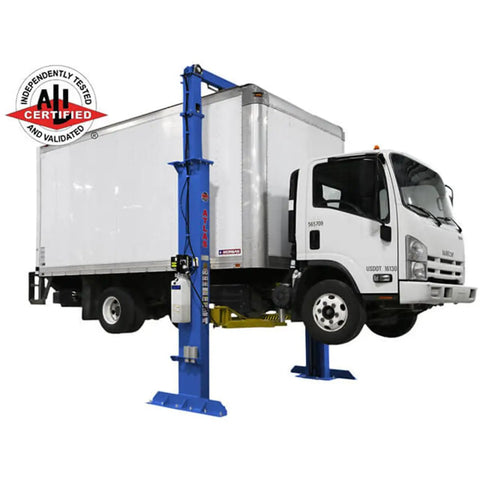 Boss Shop Two Post Auto Lift With 15000 Pound Capacity lifting a truck, showcasing sturdy design and hydraulic components.
