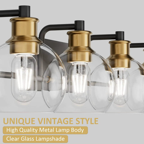 Upgrade Your Bathroom Vanity With Industrial Four Light Fixture In Vintage Black And Brass Finish With Clear Glass Globes