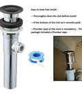 Pop Up Drain Stopper Assembly With Lift Rod And Overflow For Bathroom Vanity Sink, All Brass Construction shown with plumber tape