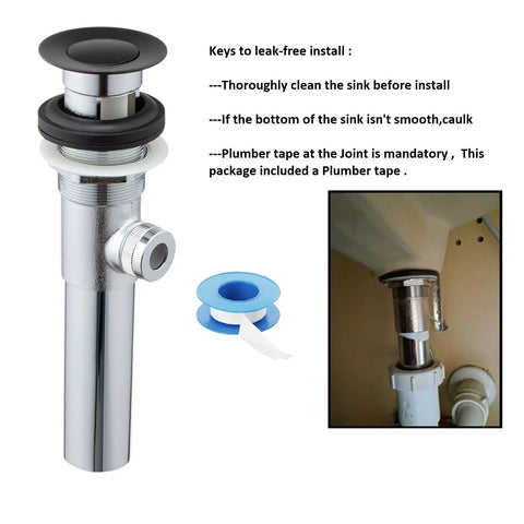 Pop Up Drain Stopper Assembly With Lift Rod And Overflow For Bathroom Vanity Sink, All Brass Construction shown with plumber tape