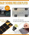 Black Heavy Duty Anti Theft License Plate Screws Kit Set components including screws, washers, and adhesive noise-dampening pads