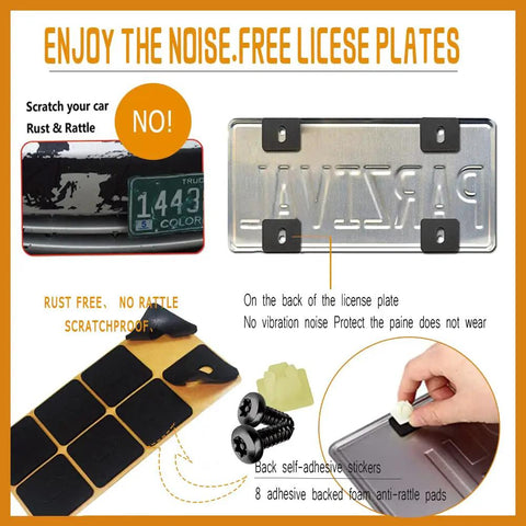 Black Heavy Duty Anti Theft License Plate Screws Kit Set components including screws, washers, and adhesive noise-dampening pads