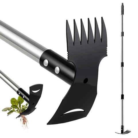 Long Handle Weed Puller Tool 58 Inch, 2 In 1 Weeder Rake And Garden Hoe Combo, showing steel handle and black blade detail.