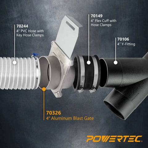 Heavy Duty Aluminum Blast Gate Four Inch Pair featuring sleek anti clog seals and killer airflow control displayed with 4" PVC hose.