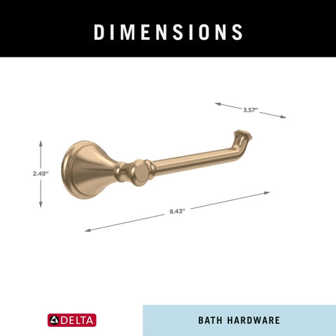 Dimensions of Champagne Bronze Single Post Toilet Paper Holder Wall Mount From Cassidy Collection showing length and wall mount