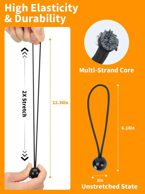 Heavy Duty Tarp Clips Kit showing 6-inch ball bungee cord in stretched and unstretched state, highlighting elasticity.