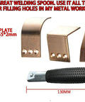 Copper Spoon Welder Tools Set For MIG Welding Copper Plate Backers, 2mm red copper plate with handle and paddles shown.