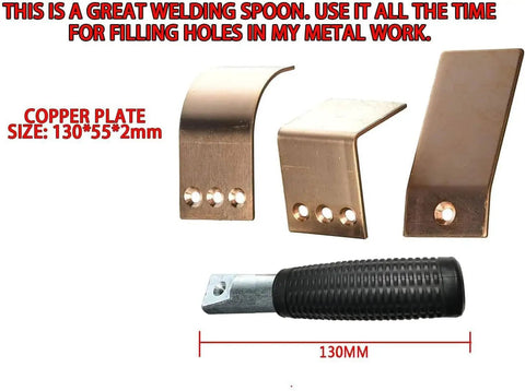 Copper Spoon Welder Tools Set For MIG Welding Copper Plate Backers, 2mm red copper plate with handle and paddles shown.