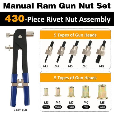 OctBird 430Pcs Rivet Nut Tool Kit With Metric Rivnut Combo For Furniture Auto Marine And Industrial DIY Projects Includes M8 M6 M5 M4 M3 Insert Fasteners To Upgrade Your Gear Game Today. manual rivet nut gun set with M3-M8 heads and 430-piece carbon steel rivnuts