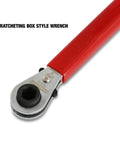 Long Reach Battery Terminal Wrench Ratcheting Nine Point Five Inch Alloy Steel Double Sided With Ten Millimeter And Five Sixteenth Inch Heads shown with red handle