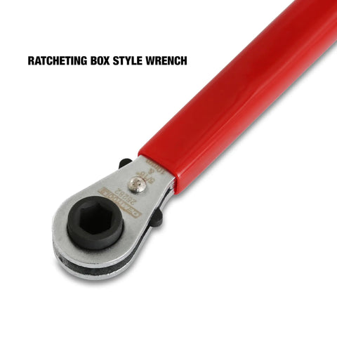 Long Reach Battery Terminal Wrench Ratcheting Nine Point Five Inch Alloy Steel Double Sided With Ten Millimeter And Five Sixteenth Inch Heads shown with red handle