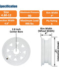 Diagram of 4.80-12 Bias Ply Trailer Tire And Wheel Assembly Set Of 2 With White 12 Inch Spoke Wheel Four Lug Four Inch PCD Load Range C 6PR