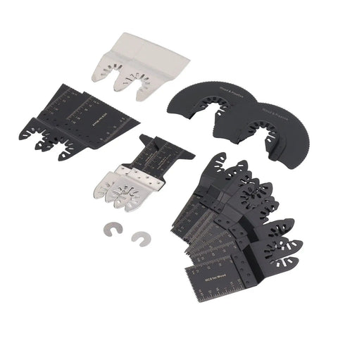 18 Piece Oscillating Multitool Blades Set With Universal Fit For Most Brands on white background, showing 16 blades and 2 washers.