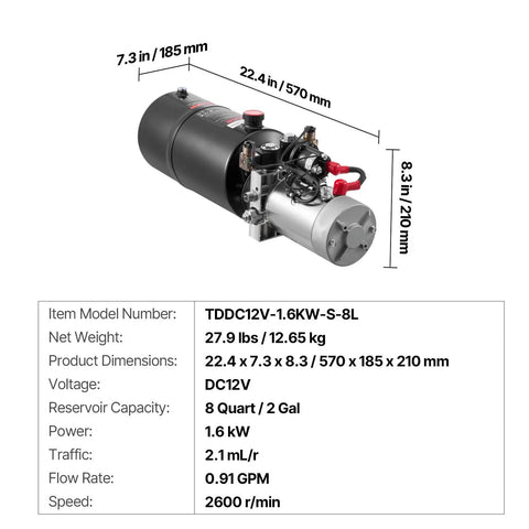 8 Quart DC 12V Hydraulic Power Unit With 3200 PSI Max, 0.91 GPM Flow, Double Acting Dump Trailer Pump, Metal Reservoir