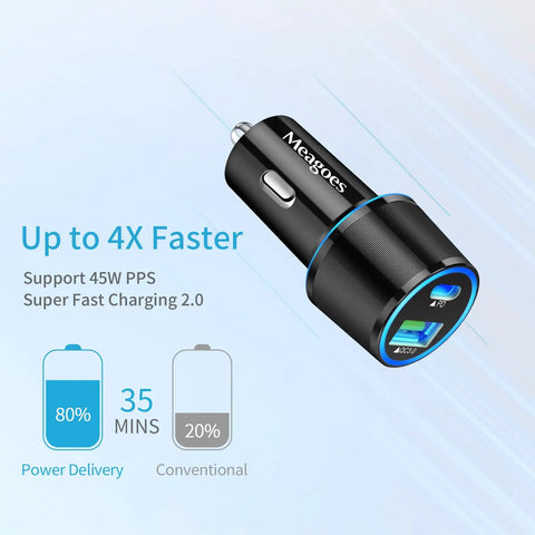 45W PD USB C Car Charger With QC3 Dual 12V Lighter Ports And Three Foot Type C Cable Fast Charge, up to 4x faster, black design