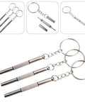 Eyeglass Repair Screwdriver Set 3 In 1 Flathead Phillips Star Nut Driver On The Go Keychain Portable Silver 3 Pack For Glasses Watches And Phones Stainless Steel, showing three attached keychain screwdrivers.