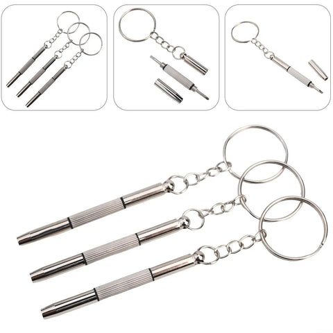 Eyeglass Repair Screwdriver Set 3 In 1 Flathead Phillips Star Nut Driver On The Go Keychain Portable Silver 3 Pack For Glasses Watches And Phones Stainless Steel, showing three attached keychain screwdrivers.
