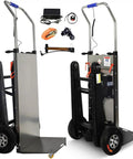 Heavy Duty Electric Stair Climbing Dolly Cart With 1200W Motor and Ergonomic Grip, includes charger and tools for ease of use.