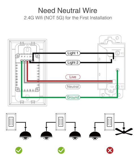 Wiring diagram for Smart Dual Dimmer Switch 2 In 1 Control For Two Lights, WiFi Light Switch That Plays Nice With Alexa And Google Home.