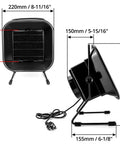 Quiet Solder Smoke Absorber With Adjustable Angle Fume Extractor for your workshop shown from front and side, dimensions labeled.