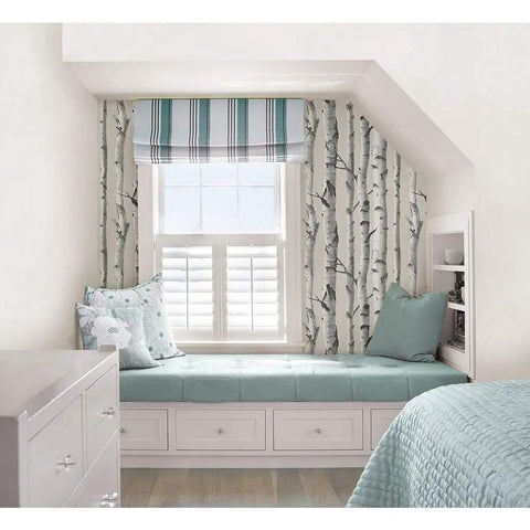 Room with Birch Tree Peel And Stick Wallpaper Removable Wall Covering, window seat, 20.5 inches by 18 feet, blue accents
