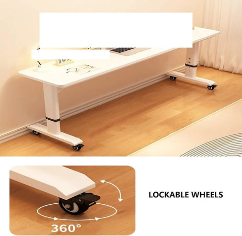 Built To Last Steel And Engineered Wood Adjustable Standing Desk With Smooth Hand Crank Height Adjustment showing lockable wheels for easy movement.