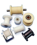 Heavy Duty Nylon H Groove Swivel Pulleys Featuring Dual Ball Bearings For Tough As Nails Sliding Doors Windows Drawers And Furniture Track Hardware Two Pack displayed in multiple sizes and colors on a white background.
