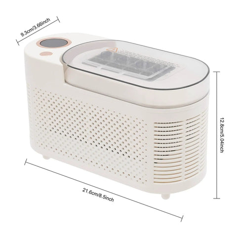Fast Freeze Mini Countertop Ice Maker Features A Clear Viewing Lid, compact design with dimensions, ideal for home bars and travel.