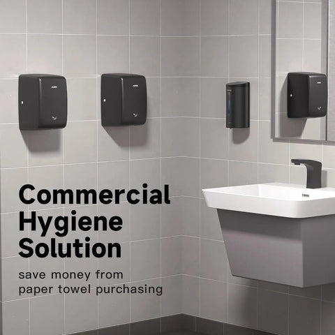 UL Approved Compact Jet Hand Dryer For High Traffic Restrooms 1350W 120V Matte Black shown in a tiled bathroom setup