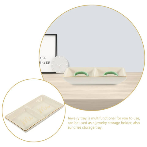 Premium Ceramic Jewelry Dish With Shimmering Gold Trim Dual Grid Holder For Ring And Bling Stash on a wooden surface.