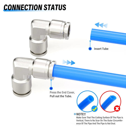 Illustration of 304 Stainless Steel Push To Connect Elbow Fitting Three Eighths Inch Outer Diameter 90 Degree Tube Lock connection process
