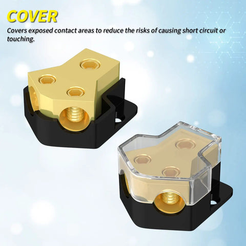 12V Car Audio Power Distribution Block 2 Way Ground Splitter With 0/2/4 Gauge In And 4/8/10 Gauge Out, Amp Distribution Block For Marine Auto Boat Setup, Durable Shielded Cover Included. Gold-plated block with protective cover