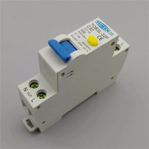 32 Amp Single Pole Plus Neutral Circuit Breaker Designed For Standard Home Panels That Snaps Right Into Place And Provides Hella Top Tier Ground Fault Surge Protection With Zero Hassle, side view.