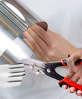 5 Blade Sheet Metal Crimping Tool For Ductwork And Gutters, Handy Hand Held Crimper in use on metal piping