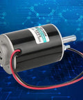Heavy Duty 12 Volt Dc Brushed Motor With Smooth Quiet Operation And Gobs Of High Torque For Precision Grinding And Small Mechanical Devices Run Like A Dream, black motor with wiring and shaft view on blue background.