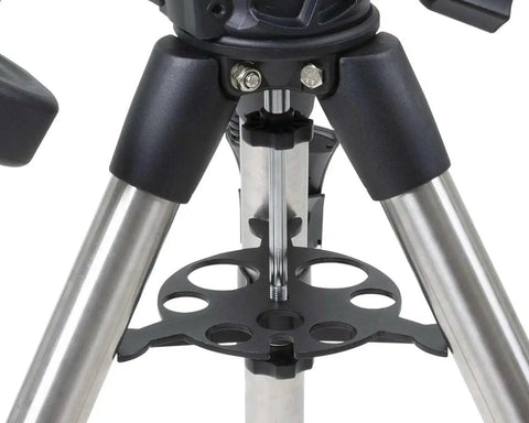 Close-up of Go To Computerized Telescope Mount With 2 Inch Stainless Steel Tripod Superior Stability For Sharp Views at connection point.